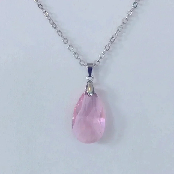 Pink Crystal Teardrop Stainless Steel Necklace NWT - Picture 1 of 3